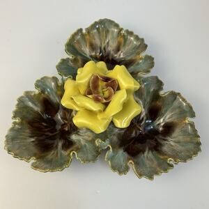 Vintage Ceramic Magolica Tri-Leaf Dish with 3D Yellow Flower and Drip Glaze